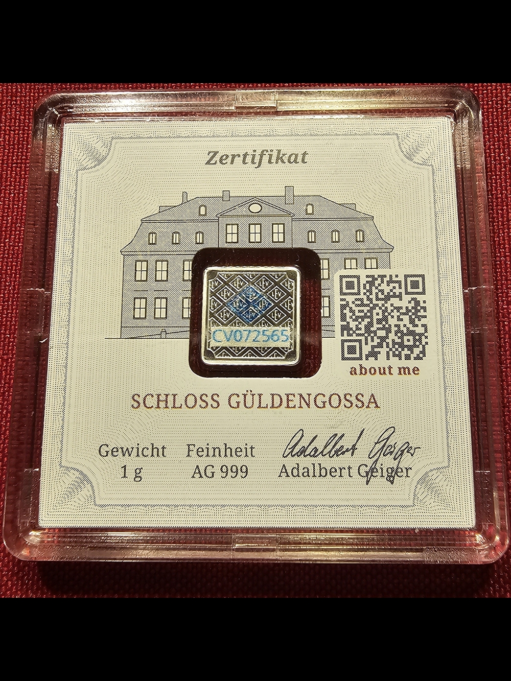 Schloss Güldengossa 1g AG 999 Silver Square Ingot - Silver & Blue - Picture 1 of 5